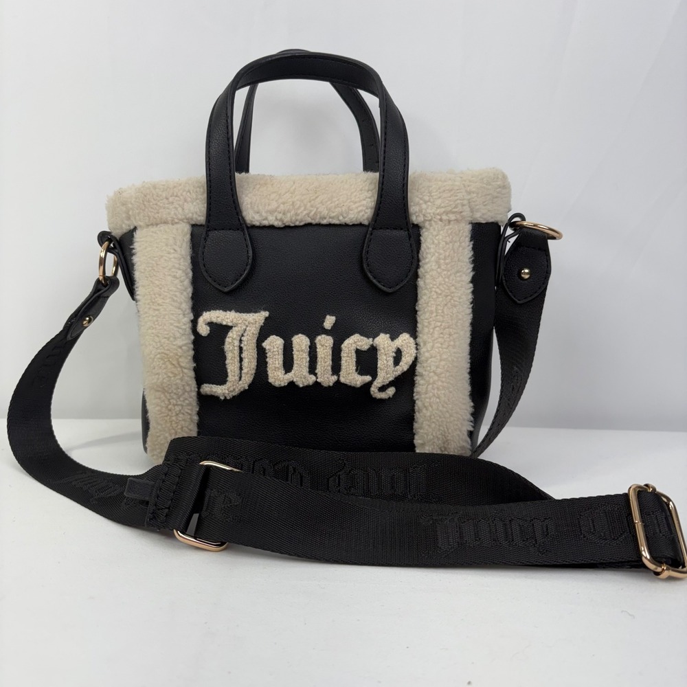 Juicy Couture Black Mini Tote Crossbody Bag Black Faux Leather Sherpa Trim